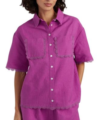  Women's Sienna Linen-Blend Scallop Edge Shirt