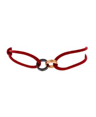  Charity Love 4 Diamonds Double Rings On Cord Bracelet Silk Cord with 18K Rose Gold and Ceramic and Diamonds