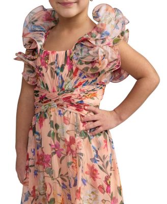  Girls' Floral Chiffon Ruffle Shoulder Dress - Little Kid, Big Kid