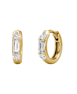  Three Stone Huggie Hoops in 14K Gold, 0.40ctw Baguette & Round Brilliant Lab Grown Diamonds
