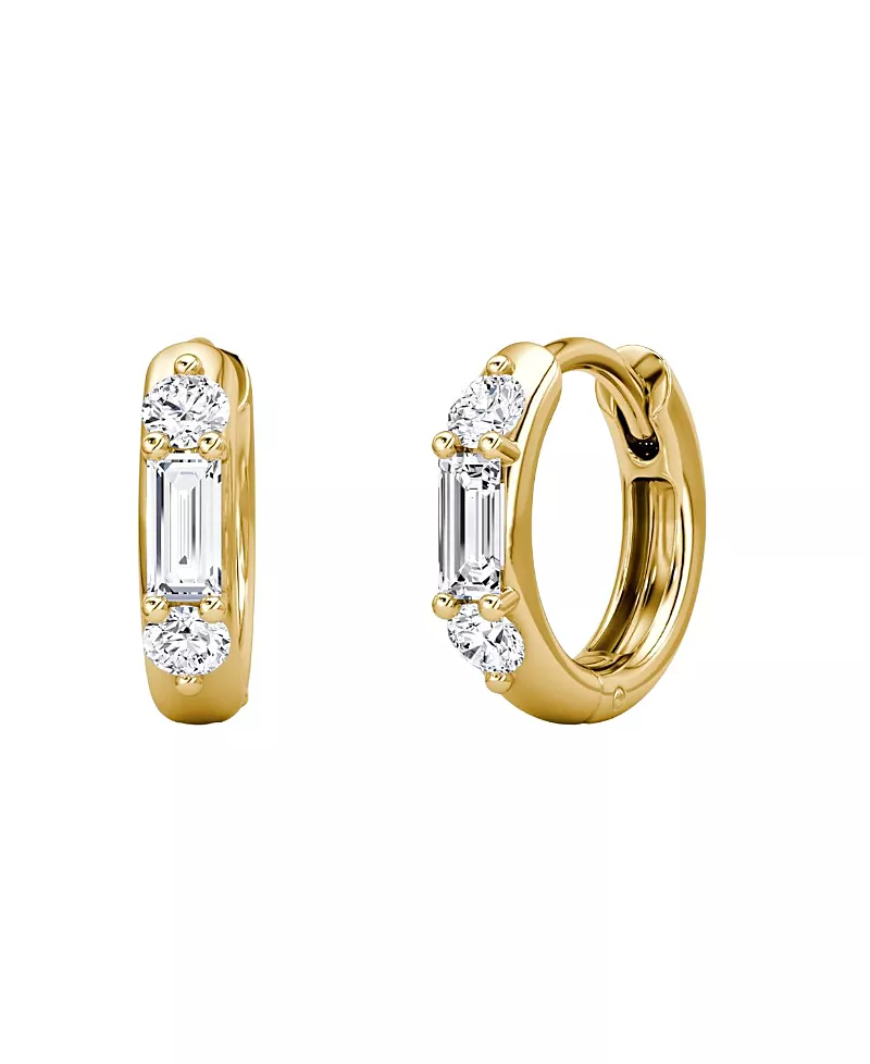 Vrai Three Stone Huggie Hoops in 14K Gold, 0.40ctw Baguette & Round Brilliant Lab Grown Diamonds
