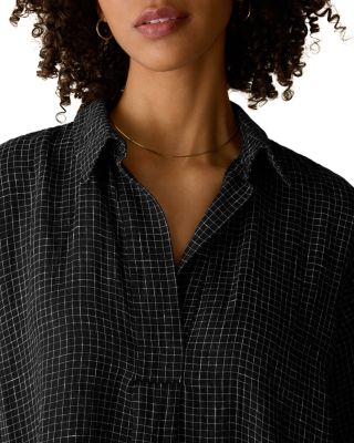 Puckered Linen Grid Classic Collar Dress