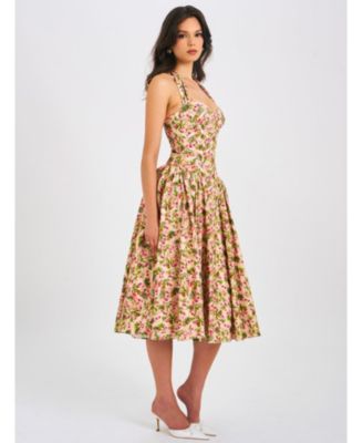  Niya Floral Print Linen Halter Corset Maxi Dress