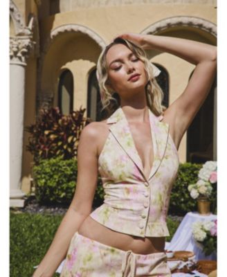  Lauren Floral Print Ruched Back Linen Suit Vest