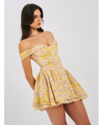  Oana Floral Print Linen Collared Off Shoulder Mini Dress