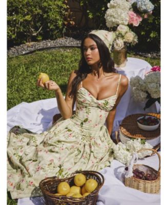  Jacinda Floral Print Ruched Breast Linen Midi Dress