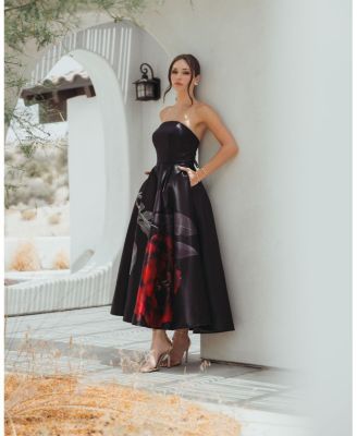  Crepe Printed Strapless Midi Dress With Pockets