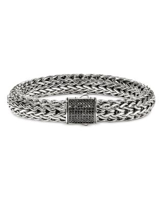 Sterling Silver Icon Black Sapphire Pav&eacute; Clasp Woven Link Bracelet, 10.5mm