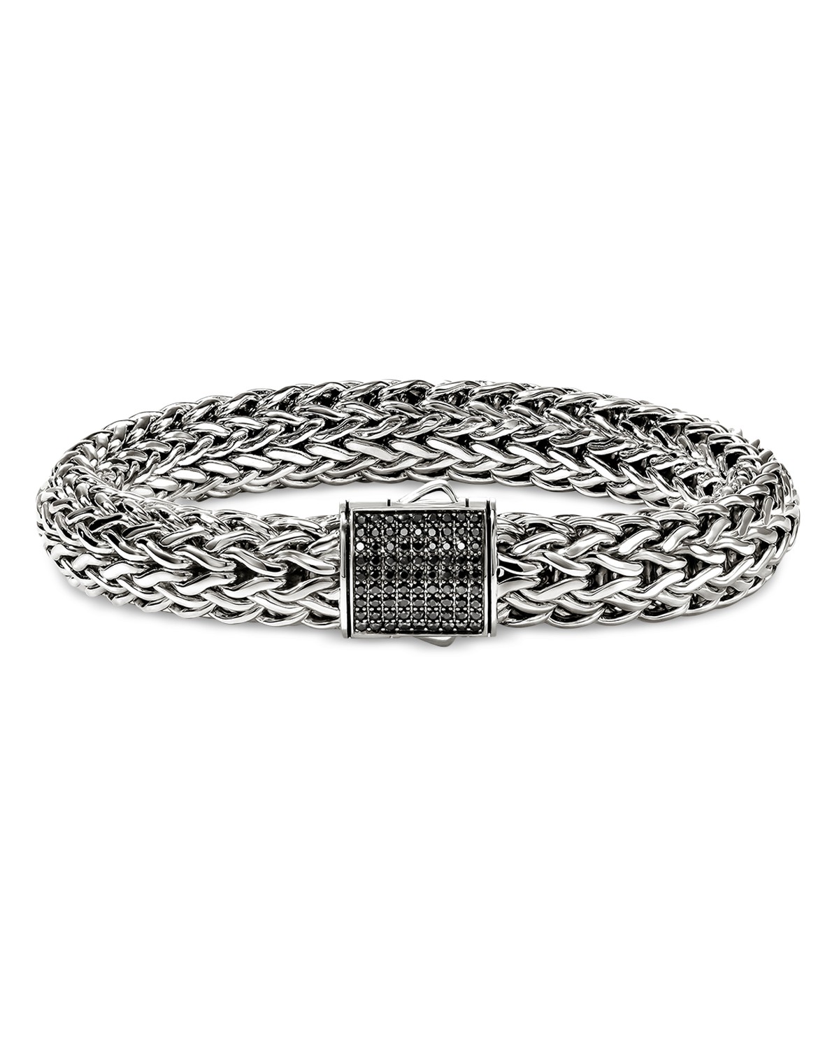 Sterling Silver Icon Black Sapphire Pavé Clasp Woven Link Bracelet, 10.5mm