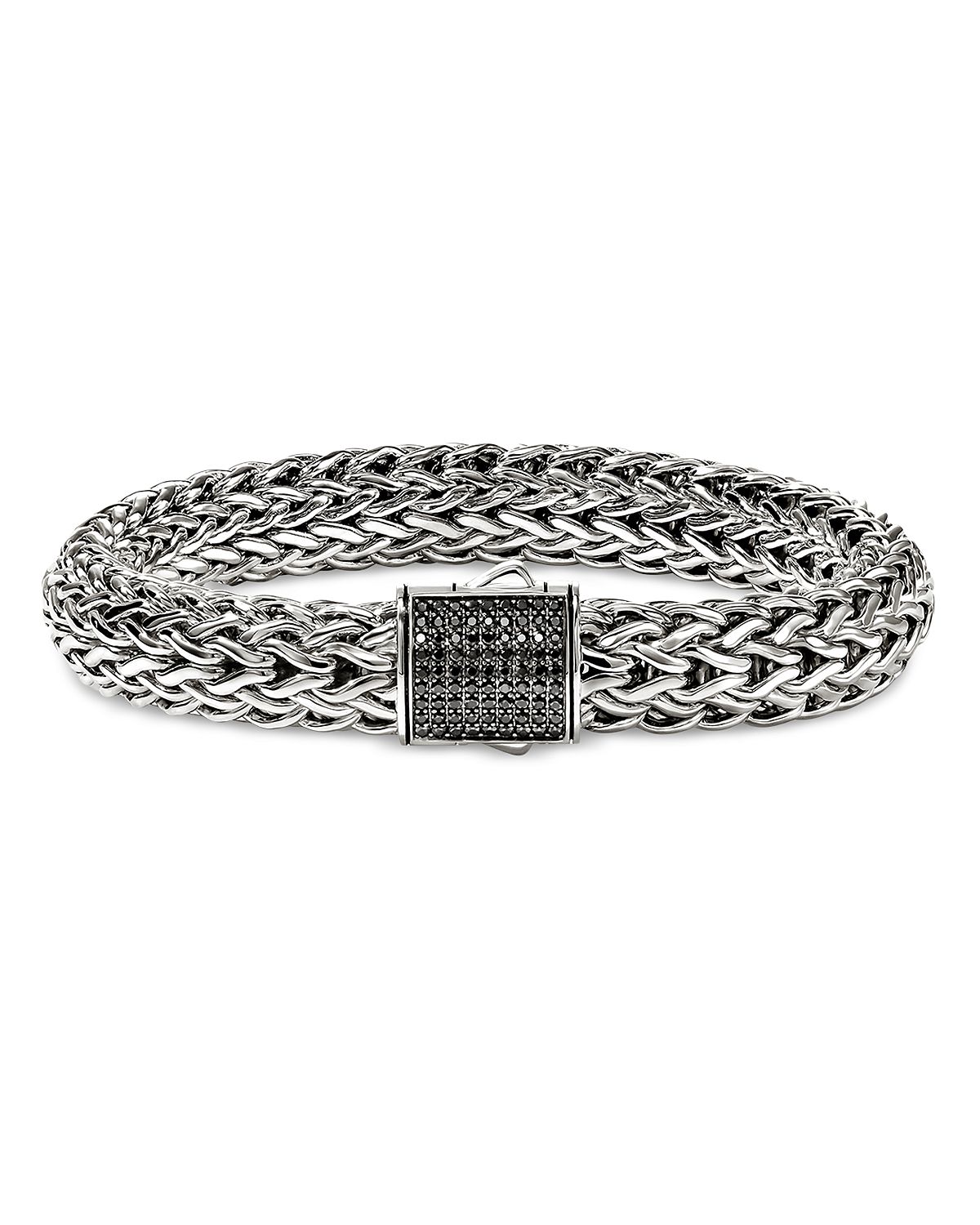 John Hardy Sterling Silver Icon Black Sapphire Pave Clasp Woven Link Bracelet, 10.5mm