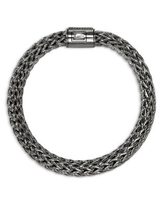 Dark Silver Icon Black Sapphire Pav&eacute; Clasp Woven Link Bracelet, 10.5mm