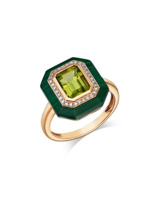 Peridot, Malachite & Diamond Halo Ring in 14K Yellow Gold