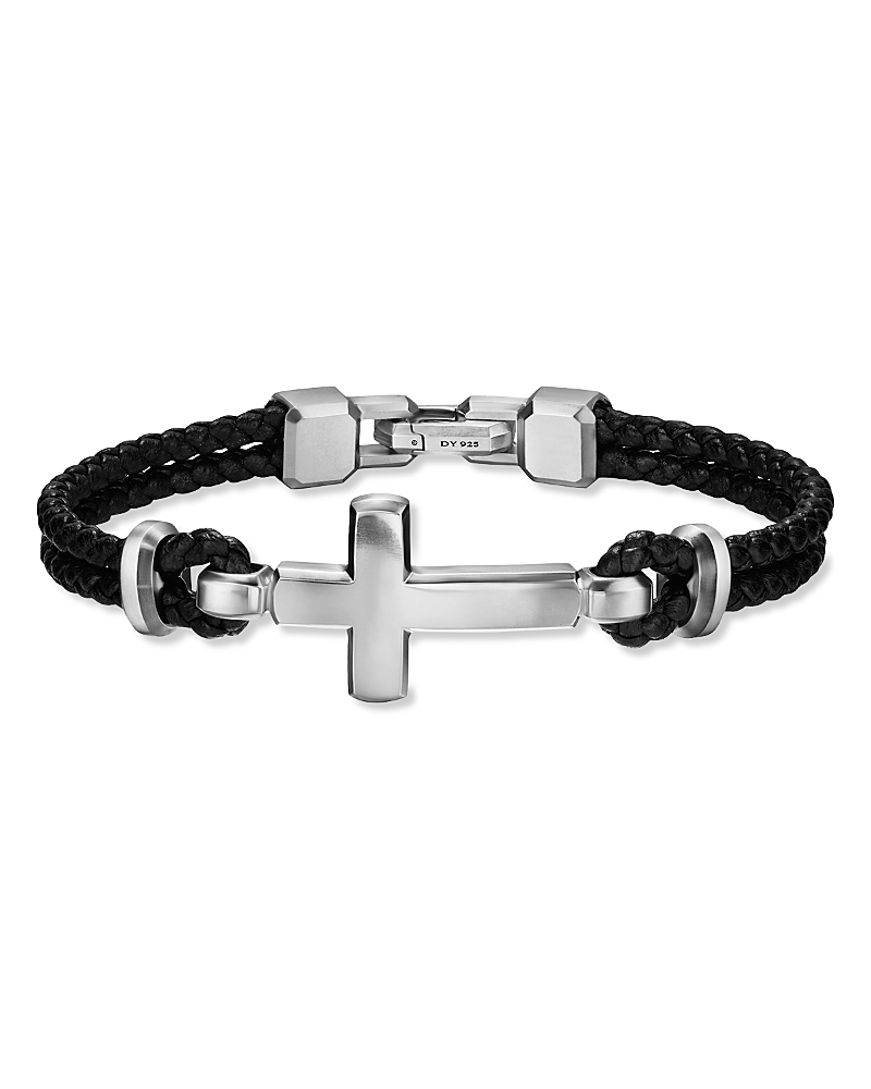 David Yurman Streamline Cross Station Bracelet in Black Leather with Sterling Silver, 17mm
