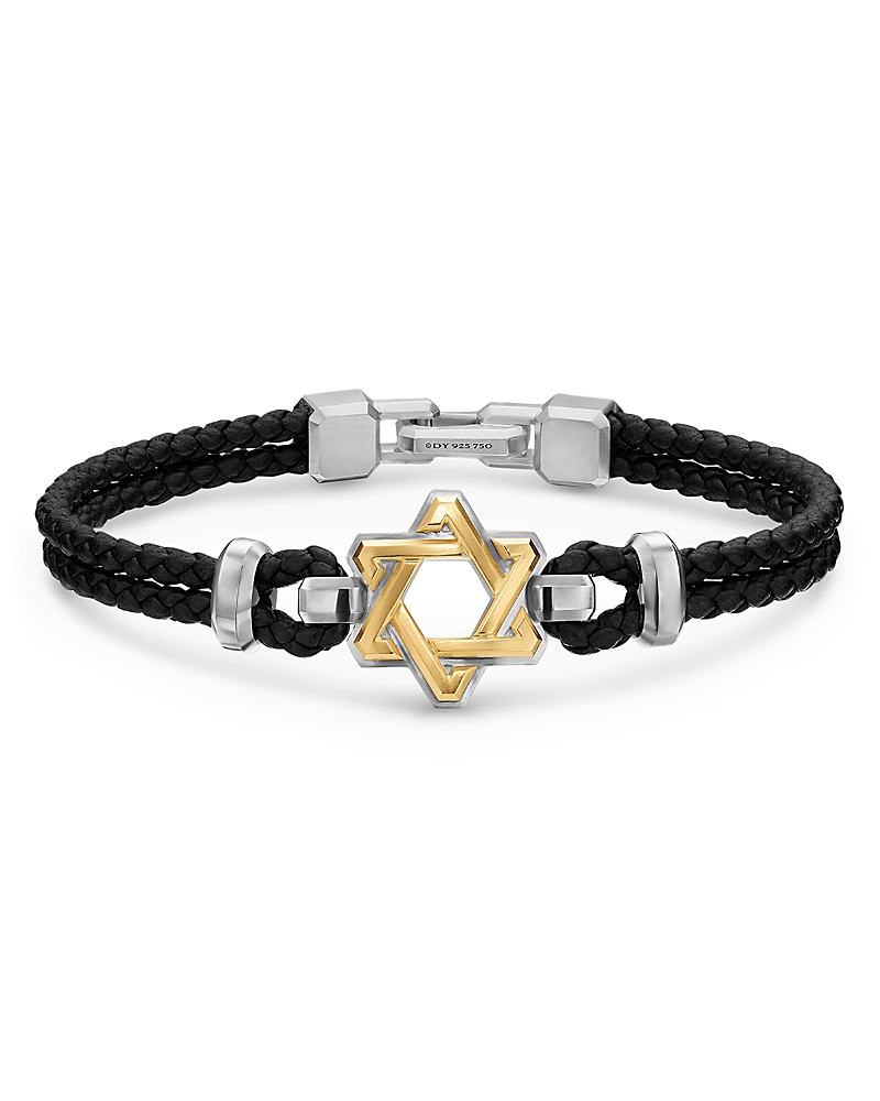 David Yurman Streamline Star of David Bracelet in Black Leather with Sterling Silver and 14K Yellow Gold, 18mm