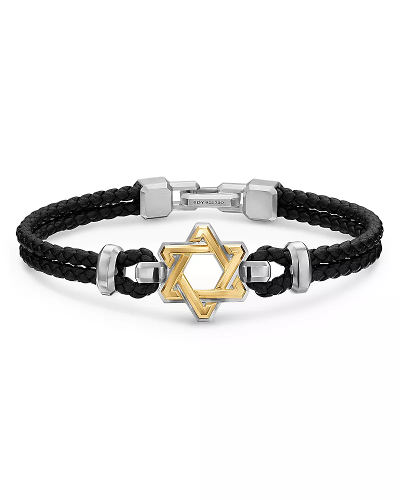David Yurman Streamline Star of David Bracelet in Black Leather with Sterling Silver and 14K Yellow Gold, 18mm