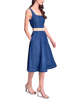 Faux Denim Midi Belted Dress