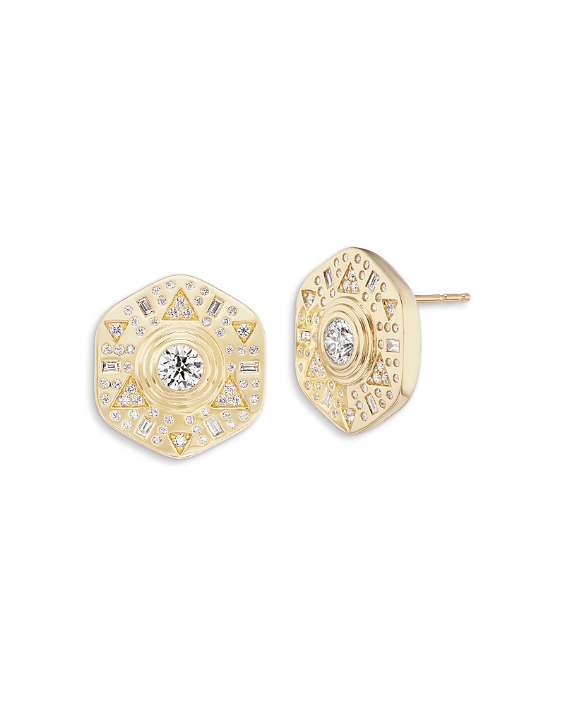 Harwell Godfrey 18K Yellow Gold Stardust Diamond Hexagon Button Stud Earrings