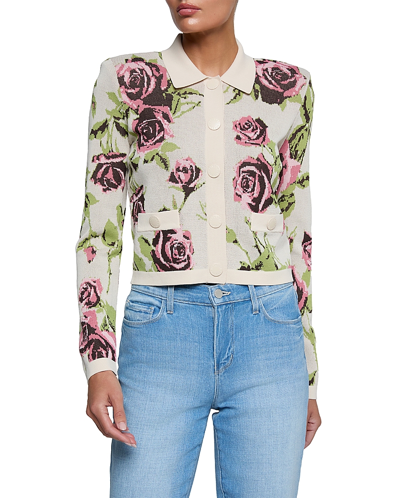 L'agence Osiris Jacquard Collared Cardigan In Ecru/mauve Romantic Rose