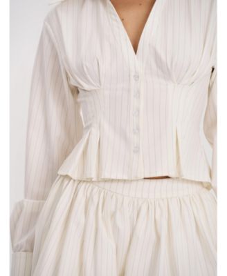  Sylvia Pinstripe Deep V Pleated Shirt