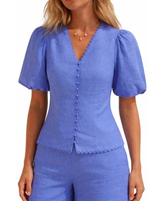  Women's Linen Puff Sleeve Top