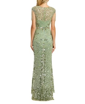 Petite Beaded Fringe High-Neck Fitted Evening Gown
