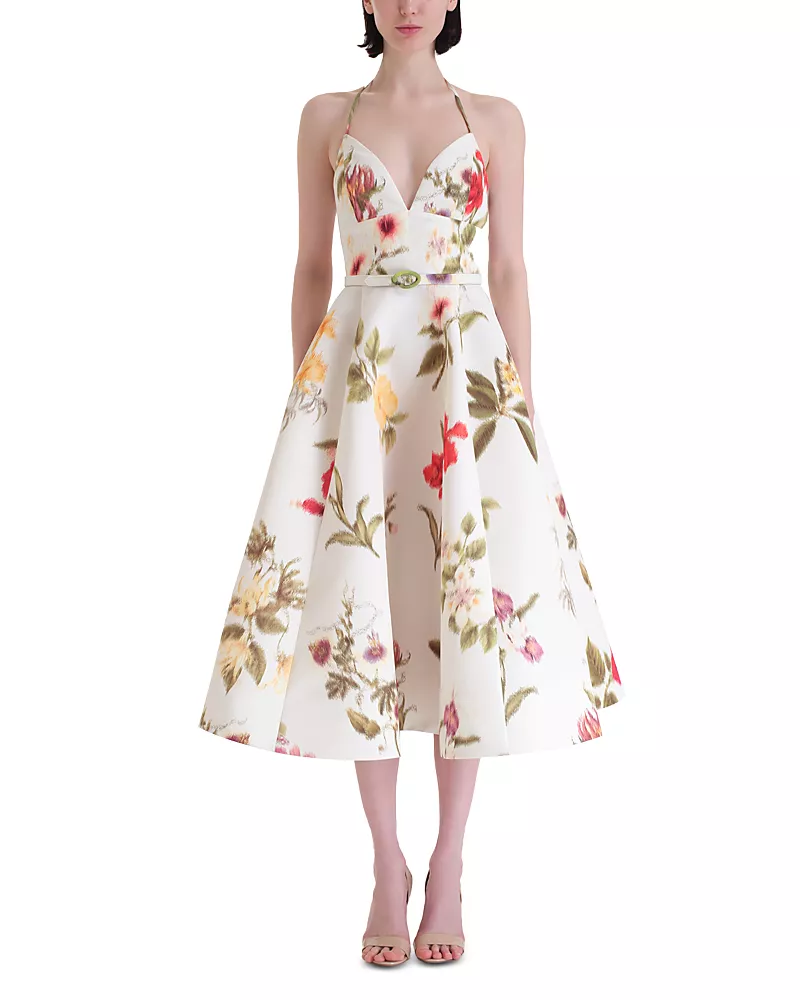 Oscar de la Renta Chine Multi Floral Faille Cocktail Dress