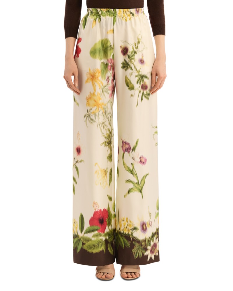 Oscar de la Renta Multi Floral Silk Twill Pants in Brown Multi