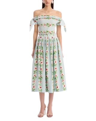 Oscar De La Renta Off Shoulder Hibiscus Stripes Poplin Day Dress In Green