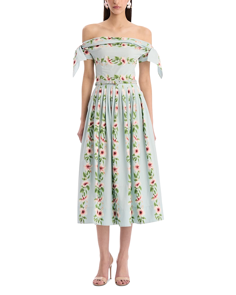 Oscar De La Renta Off Shoulder Hibiscus Stripes Poplin Day Dress In Green