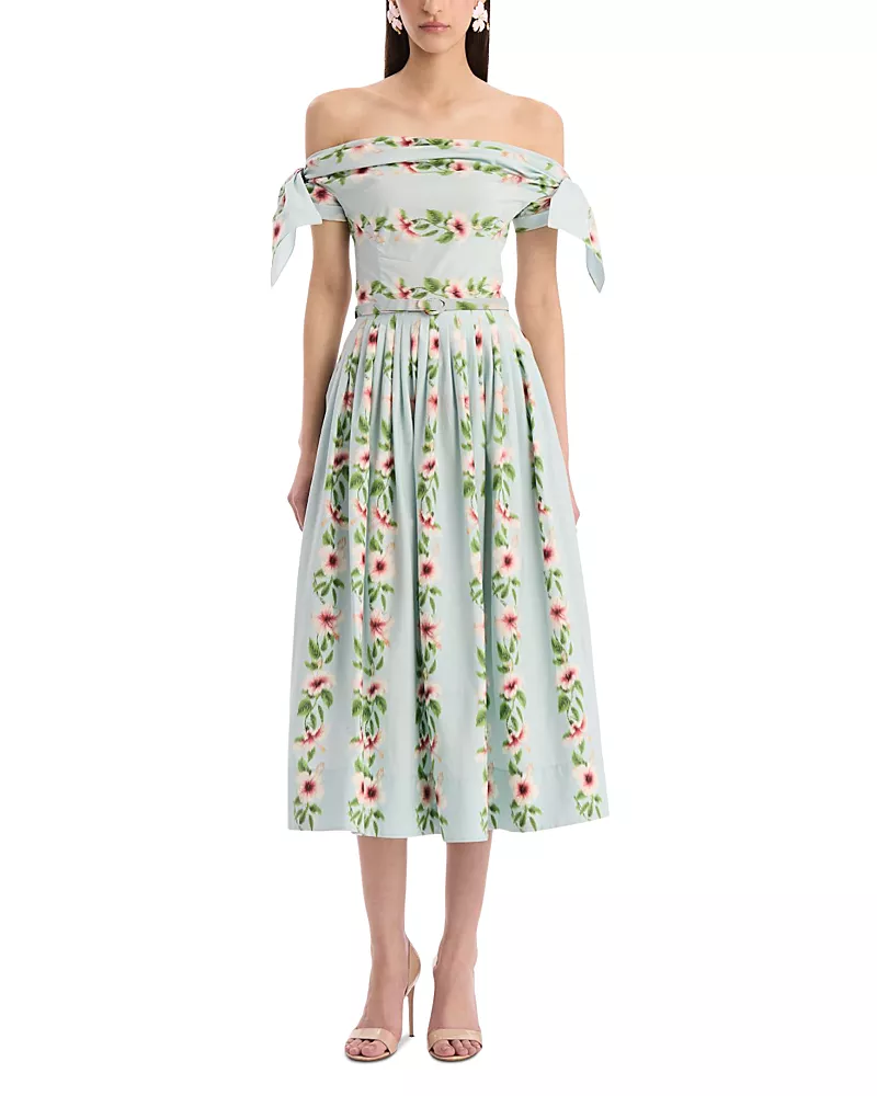 Oscar de la Renta Off Shoulder Hibiscus Stripes Poplin Day Dress