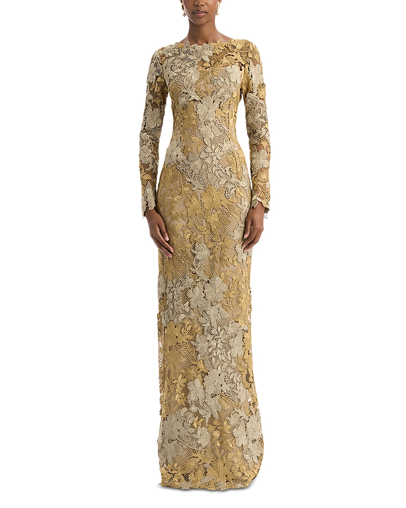 Oscar De La Renta Metallic Hibiscus Gown In Brown