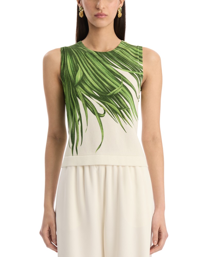 Oscar de la Renta Printed Palm Tree Knit Tank in Green/Ivory