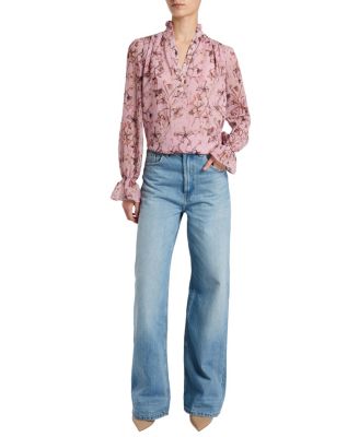  Chelsea Long Sleeve Ruffle Neck Blouse in Printed Georgette