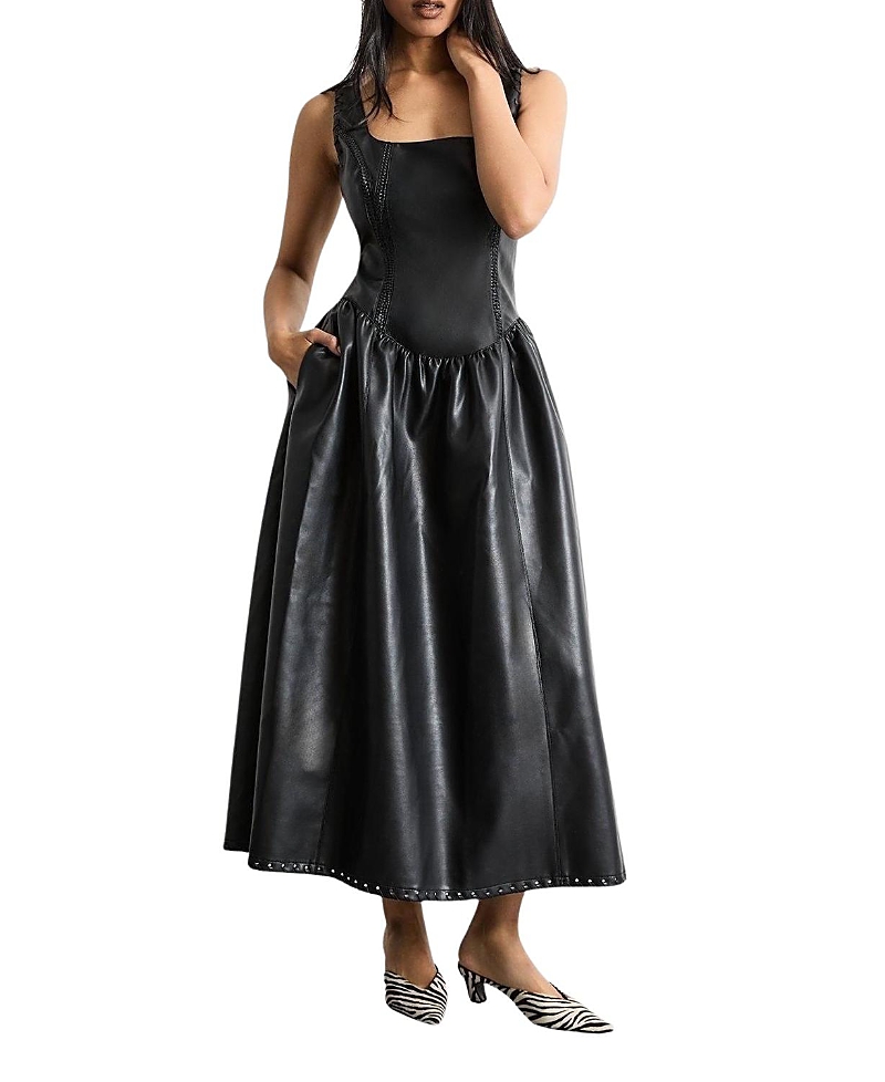 Warehouse Faux Leather Whipstitch Trim Midi Dress