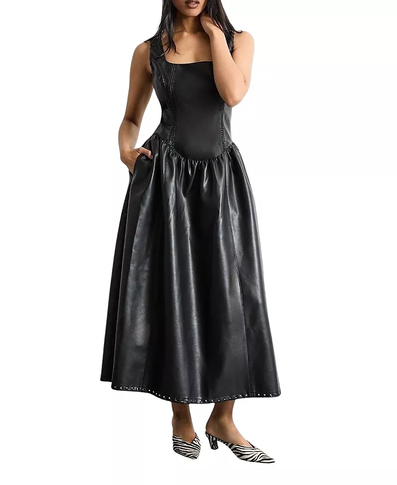 Warehouse Faux Leather Whipstitch Trim Midi Dress