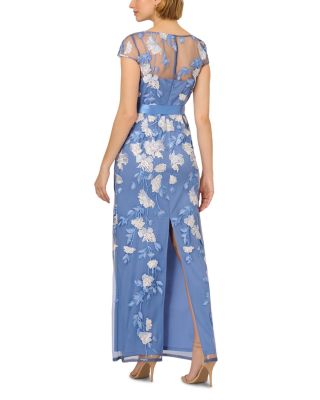 adrianna papell blue floral dress Hand Beaded Short Sleeve Floral Godet Gown In French Blue