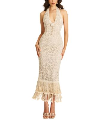  Faelyn Double Fringe Crochet Halter Maxi Dress