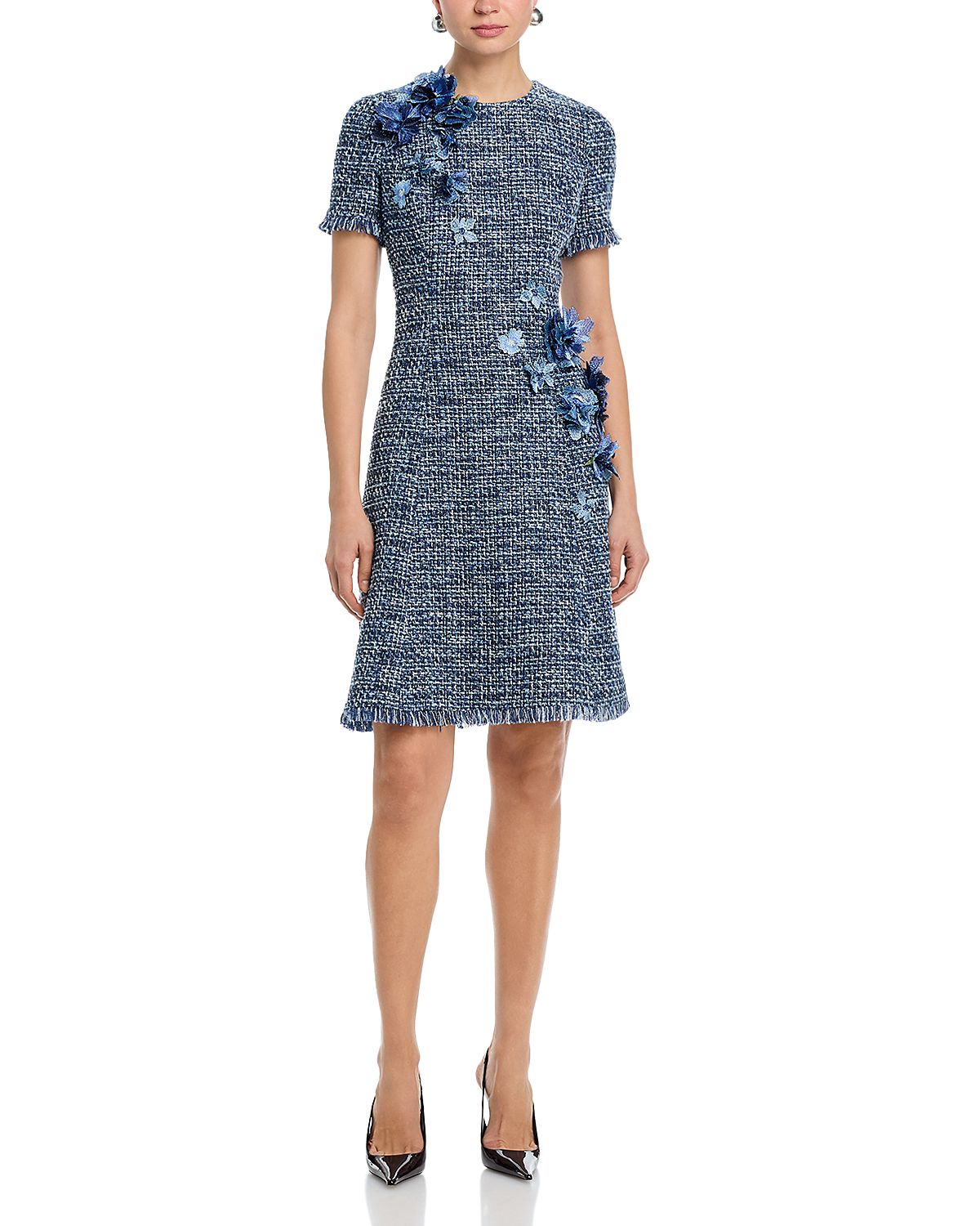 Teri Jon by Rickie Freeman Tweed Short Sleeve 3D Flower Trim Dress