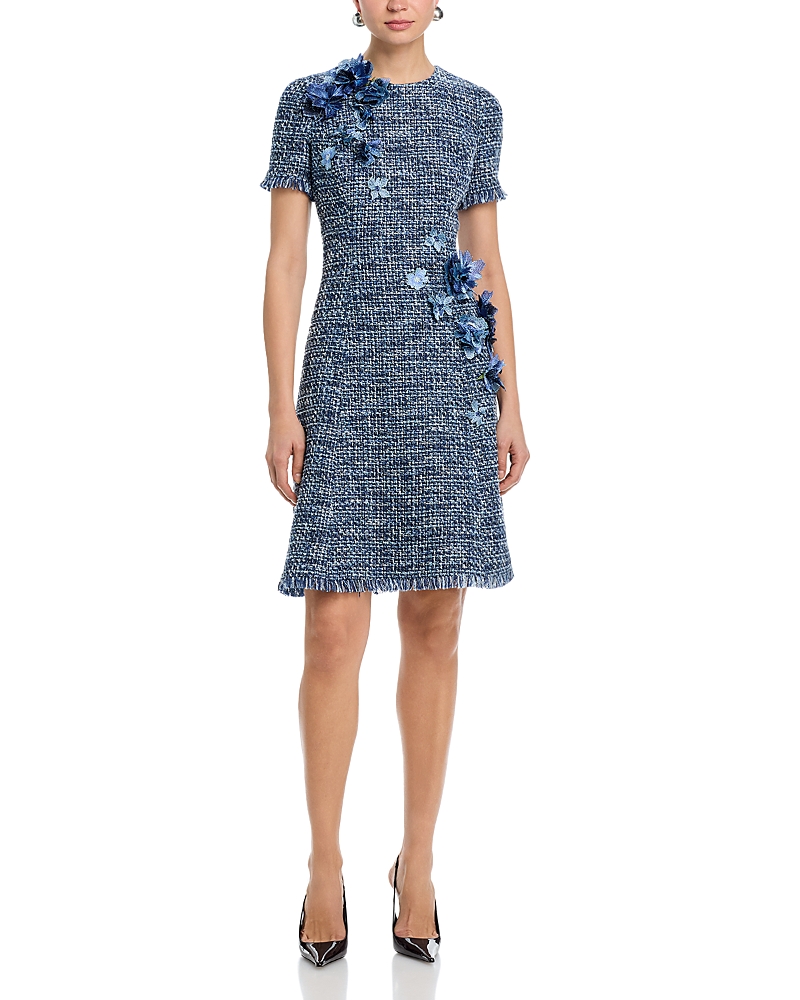 Teri Jon by Rickie Freeman Tweed Short Sleeve 3D Flower Trim Dress