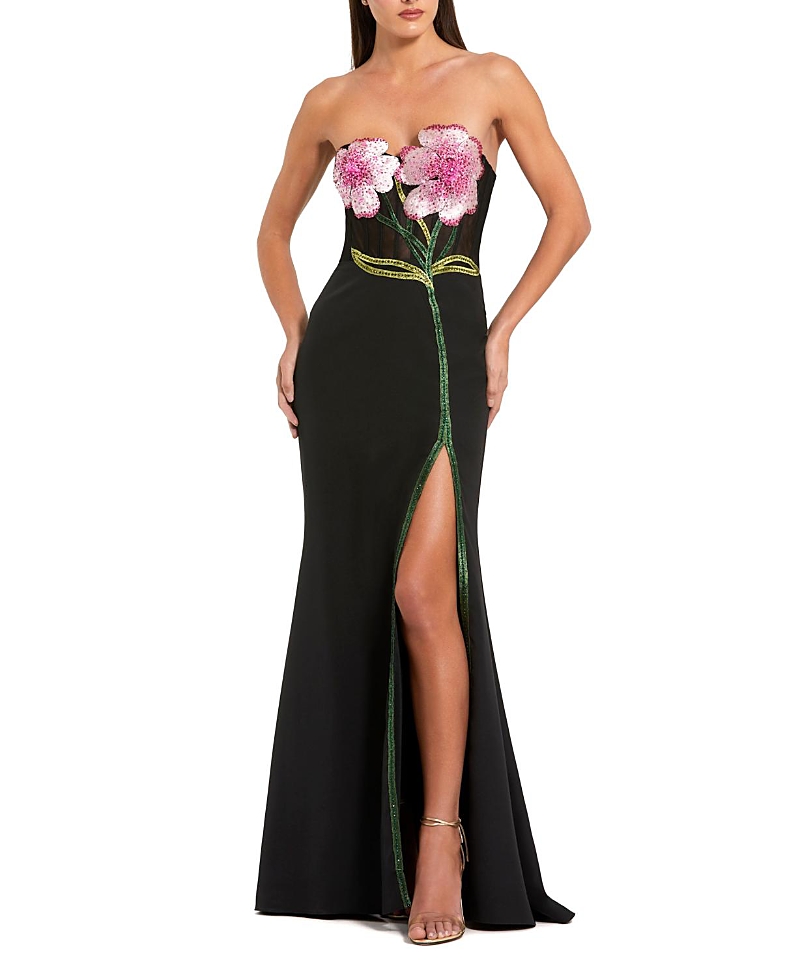Mac Duggal Strapless Sheer Bustier Crystal Flower Gown