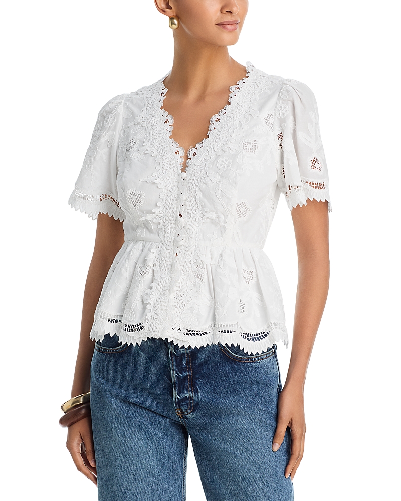 Aqua Embroidered Lace Button Down V Neck Top - Exclusive
