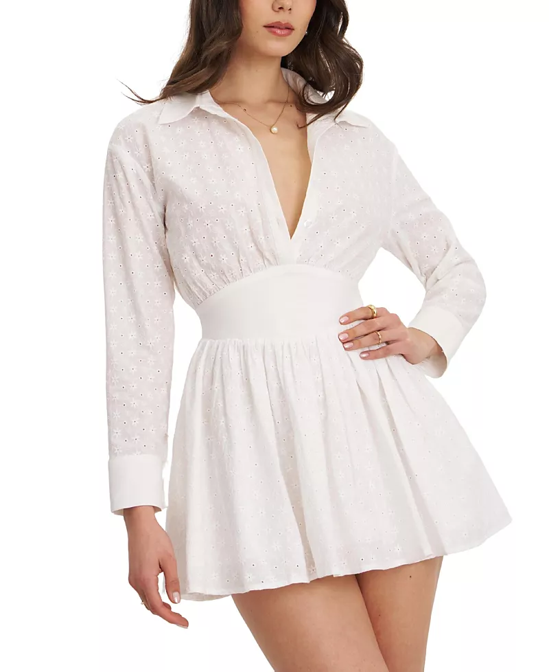 Miss Circle Gabriella Cotton Eyelet Button Up Long Sleeve Shirt Dress