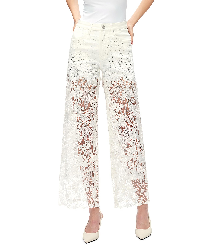 Bayeas Embroidery Wide Leg Lace Jeans with Rhinestone in White Wash