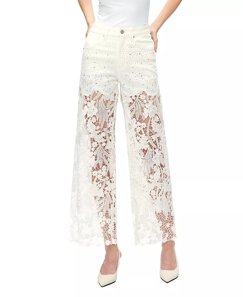 Bayeas Embroidery Wide Leg Lace Jeans with Rhinestone in White Wash
