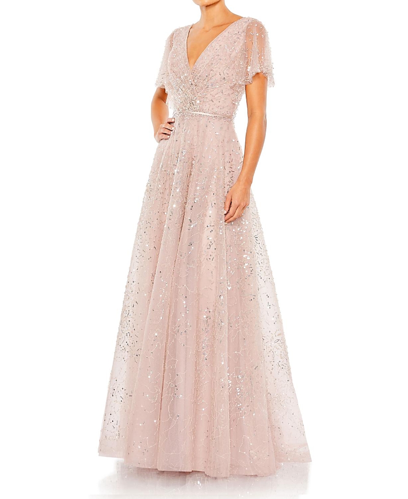 Mac Duggal Embellished Butterfly Sleeve Wrap Evening Gown