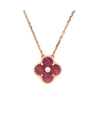  Vintage Alhambra Pendant Necklace 18K Rose Gold and Rhodonite with Diamond, 16.25"