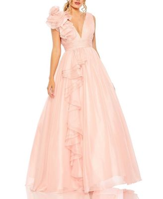  Ruffle Shoulder V-Neck Chiffon Gown