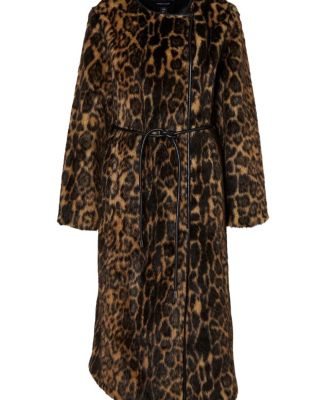 Faux Fur Collarless Tie Belted Midi Coat