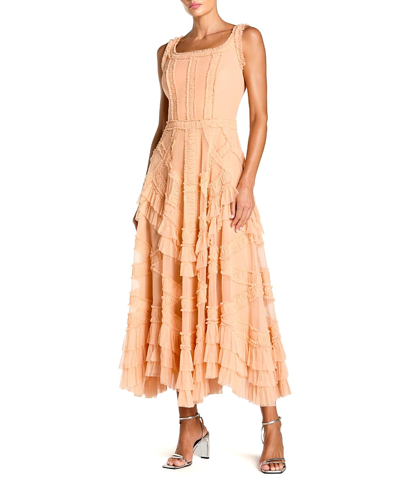 Mac Duggal Scoop Neck Sleeveless Mesh Micro Ruffle Midi Dress