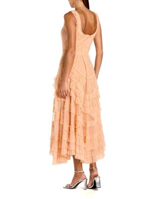  Scoop Neck Sleeveless Mesh Micro Ruffle Midi Dress